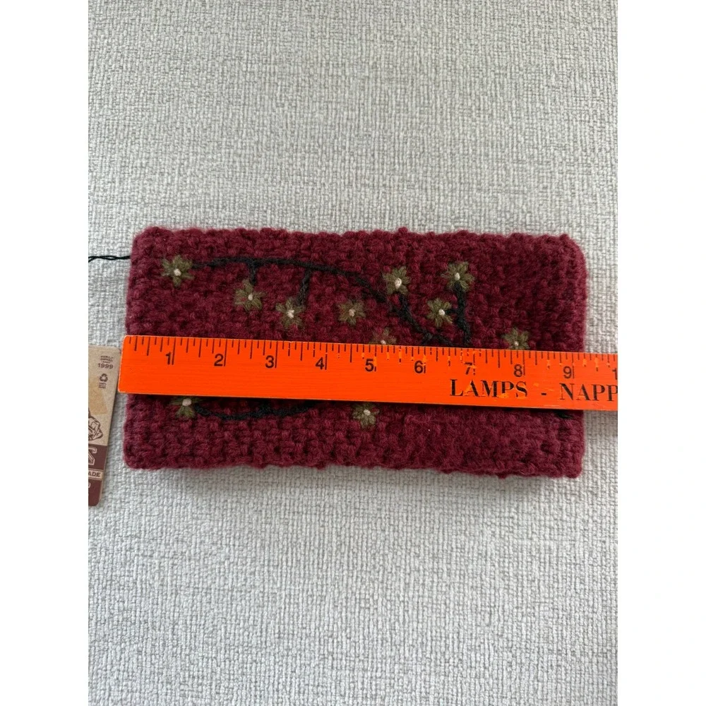NWT Hand Knit Alpaca Blend Fleece Lined Ear Warmer Burgundy Embroidered Floral